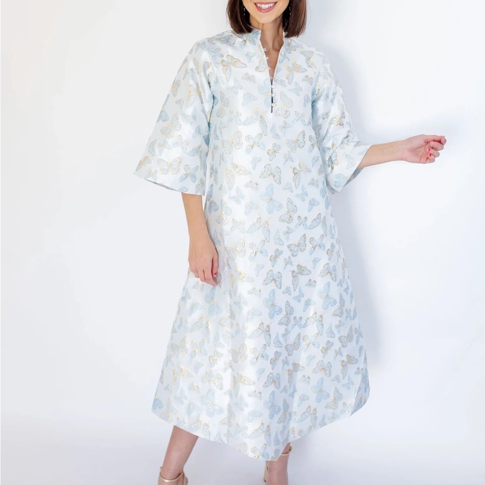 Light Blue Butterfly-Print Midi Dress with Split Neck